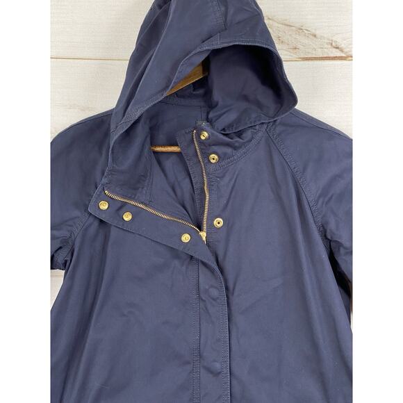 J Crew Trench Coat Womens Size 10 Navy Blue Hooded Snap/Zip Mid Length Cotton - Picture 11 of 13